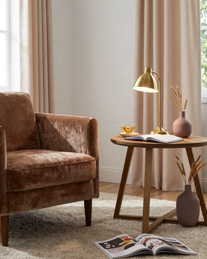 Quiet members' lounge interior with cocoa armchair, blush ivory curtains and warm reading lamp evoking the Small Penis Club community