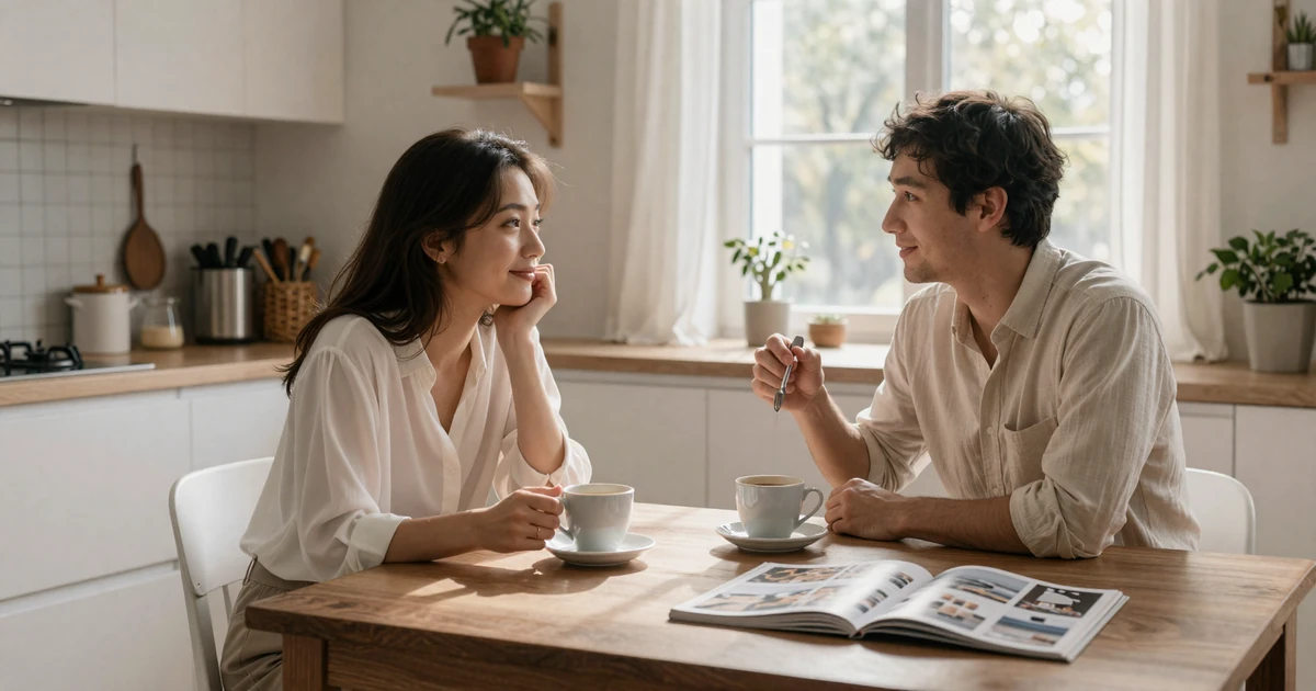 Two adults sharing coffee in a sunlit kitchen, editorial photo of small penis dating couple at home