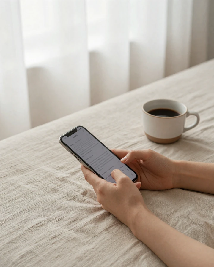 Hands holding a phone in soft morning light, evoking the calm tone of Small Penis Chat anonymous dating
