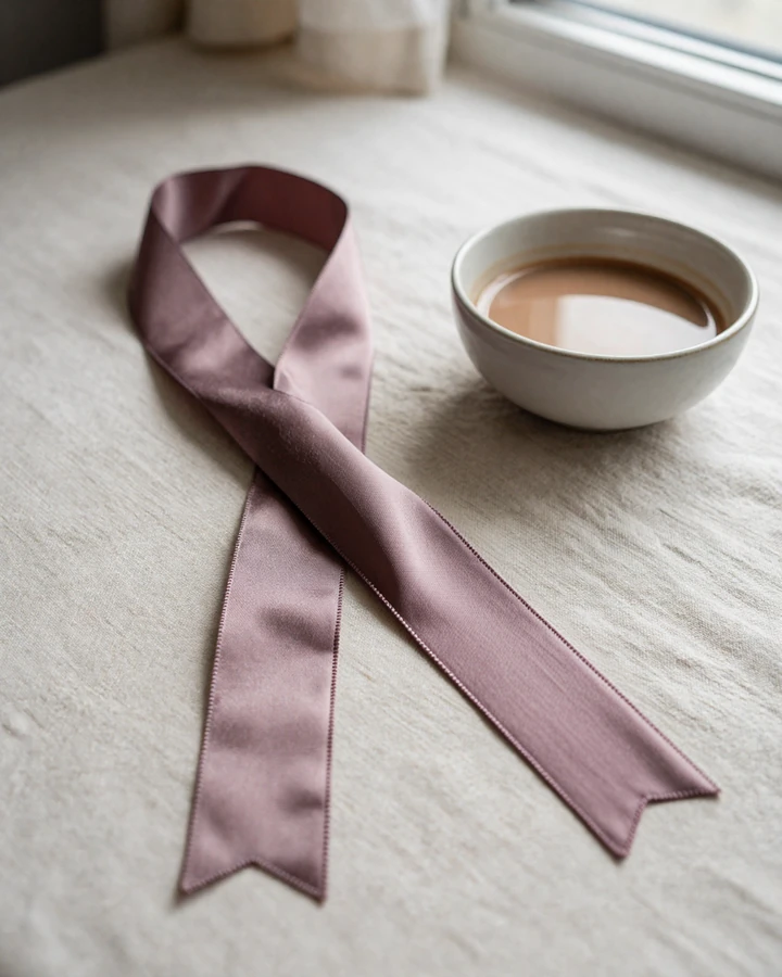 Editorial still life with mauve silk ribbon and ceramic bowl symbolising consensual small penis fetish dating