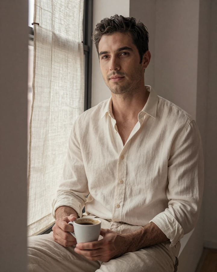 Portrait of a man by a sunlit window representing acceptance-focused dating for small penis men