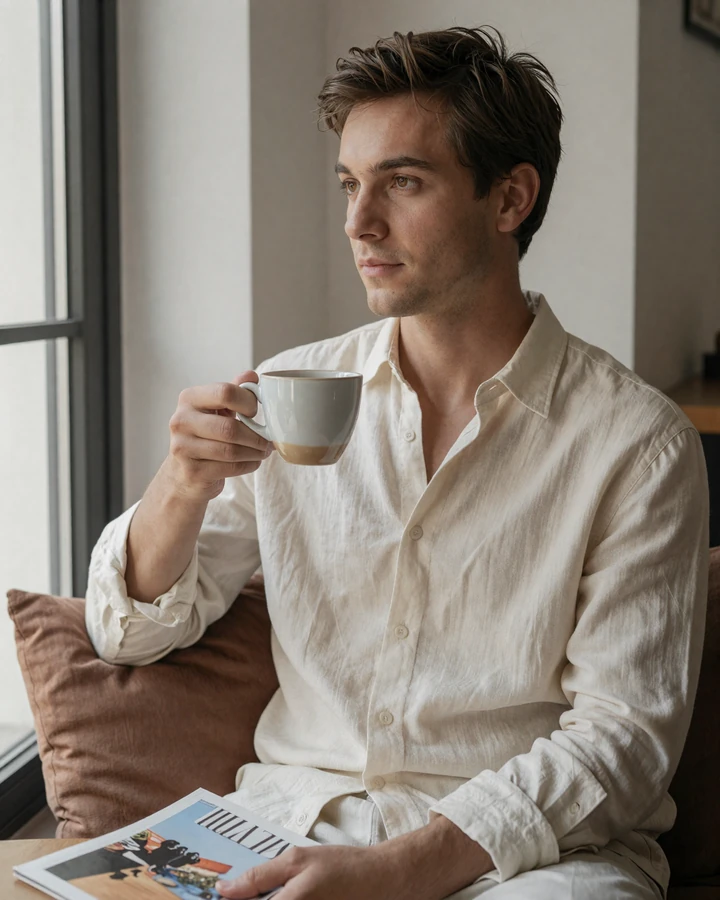Calm man in cream linen shirt by a sunlit window, editorial portrait for small penis dating platform